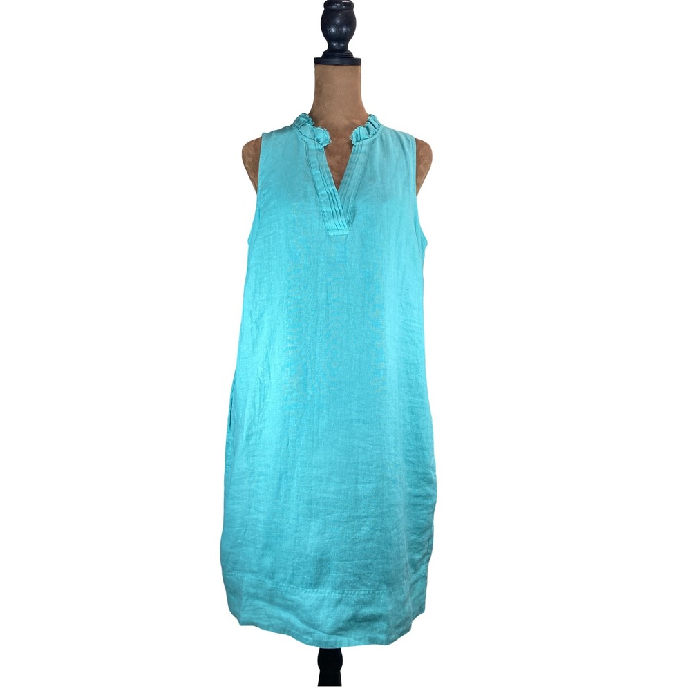 Tommy Bahama Two Palms Double Ruffle Linen Dress Teal Blue SW622031 Small NWT